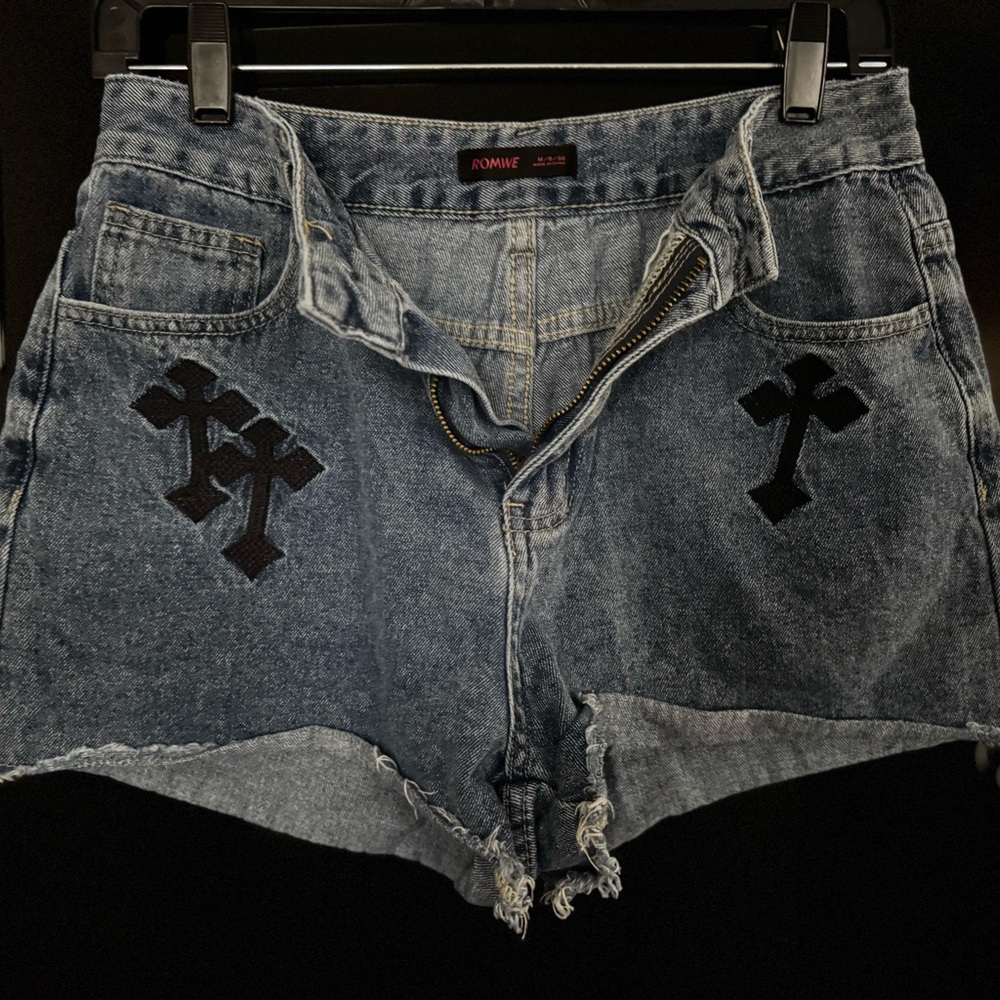 ROMWE Women's Distressed Blue Jean Shorts with Black Patches